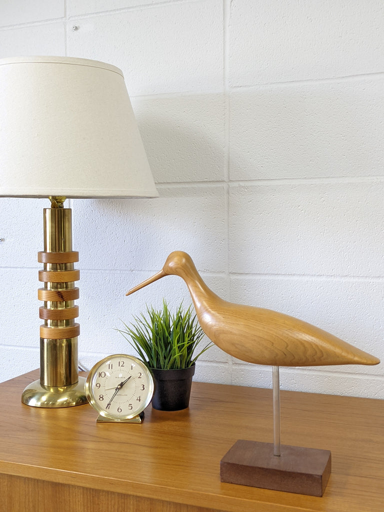 Brass and wood table lamp