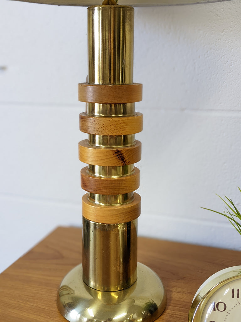 Brass and wood table lamp